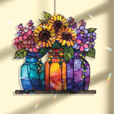 Sunflower Mason Jar Acrylic Suncatcher, Colorful Stained Glass Style Flower Window Hanging, Bright Floral Home Decor Gift